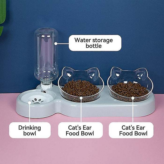Dupla tál az élelmiszer- és víz adagolóhoz macskák számára, 0,5 liter tartály, 15 fokos dőlés, szürke