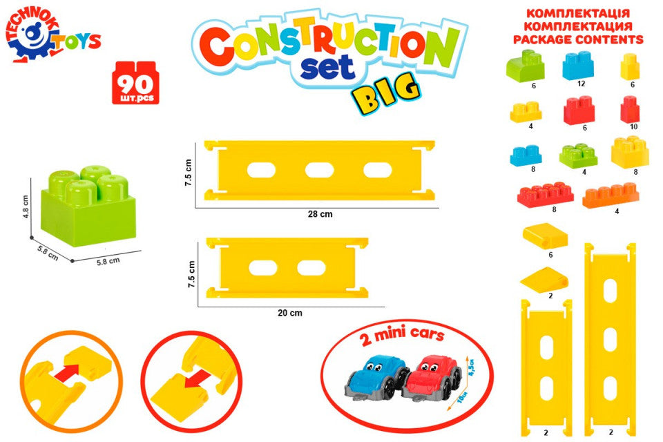 Set 90 de cuburi de constructie cu 2 masinute TechnoK