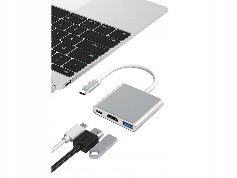 Адаптер-хъб 3 в 1 USB-USB тип C-USB 3.0 и HDMI, сребро
