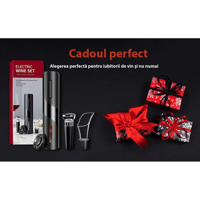 Set tirbuson electric 4 in 1, cu taietor de folie, dop, aerator de vin, desfacator Pentru Vin