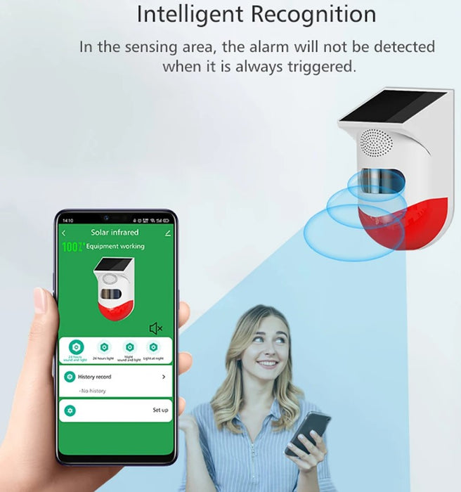 Аларма с PIR детектор за движение, слънчево натоварване или USB, IP65, с дистанционно управление, приложение от приложението, бяло-червено