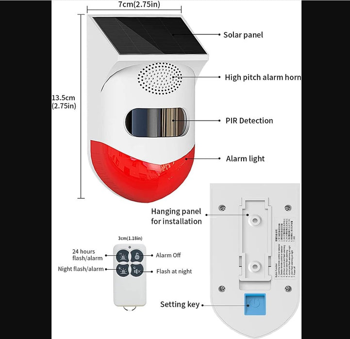 Riasztás PIR mozgás-detektorral, napenergia-terheléssel vagy USB-vel, IP65, távirányítóval, alkalmazás az alkalmazásból, fehér-piros