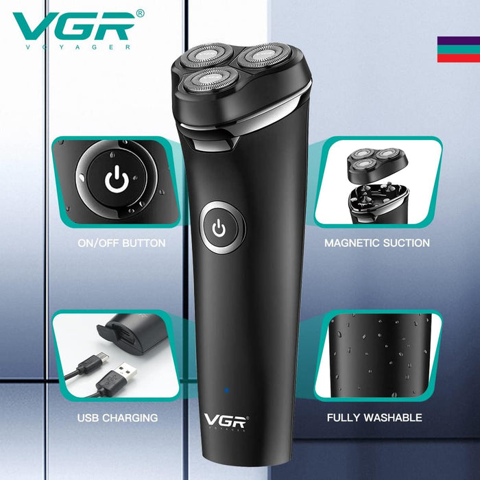 VGR VGR V-319 IPX6 Electric Razor, φόρτιση USB, εργάζεται σε UD ή ξηρό, ασύρματο, με 3 περιστροφικές λεπίδες, μαύρα