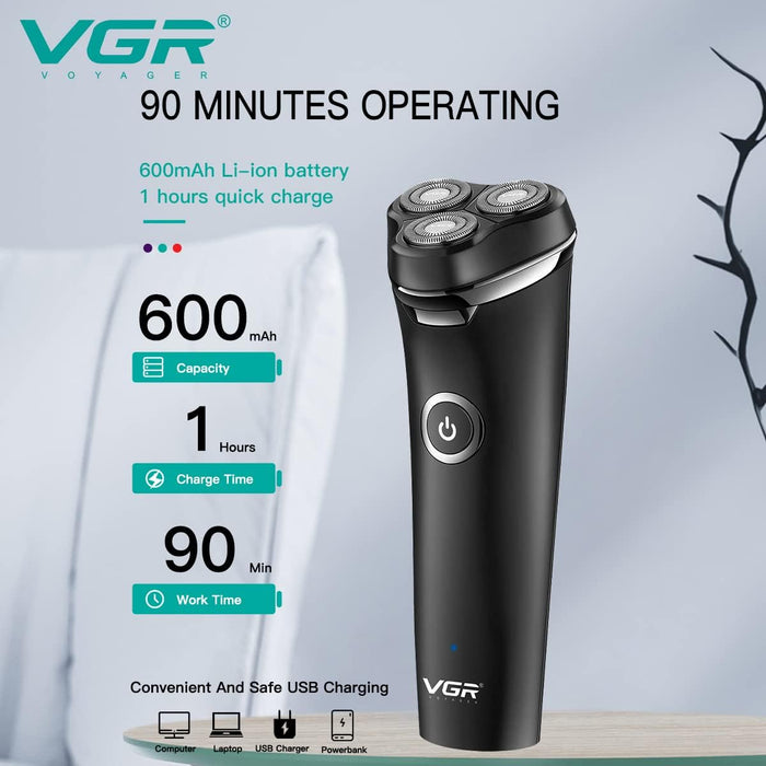 VGR VGR V-319 IPX6 Electric Razor, φόρτιση USB, εργάζεται σε UD ή ξηρό, ασύρματο, με 3 περιστροφικές λεπίδες, μαύρα