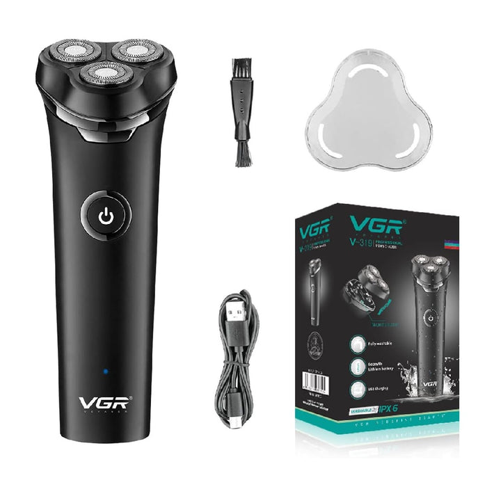 VGR VGR V-319 IPX6 Electric Razor, φόρτιση USB, εργάζεται σε UD ή ξηρό, ασύρματο, με 3 περιστροφικές λεπίδες, μαύρα