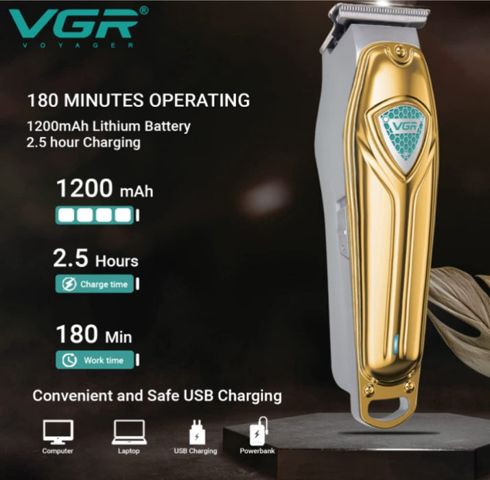 VGR VGR V9111 Trimmer, Wireless, Portable, με 4 αποστάσεις, βούρτσα καθαρισμού και λάδι, χρυσό