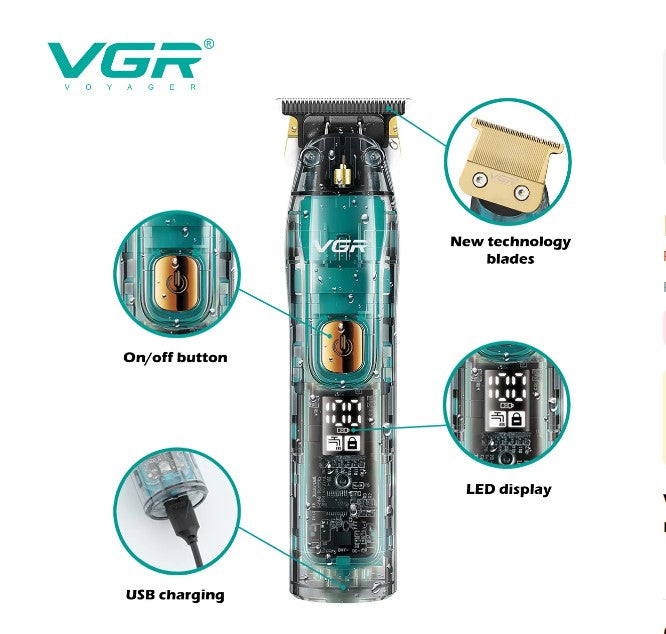 Aparat de tuns si trimmer profesional VGR V-961, fara fir, incarcare USB, cu carcasa transparenta