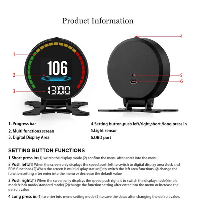 Aparat diagnosticare si afisaj informatii bord pe parbriz, digital OBD2 de tip HUD, cu alarme, negru