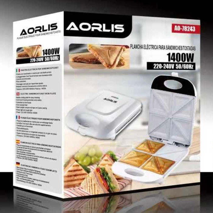 Aparat electric pentru sandwich-uri patrate sau triunghiulare, 1400W, Aorlis AO78243, alb