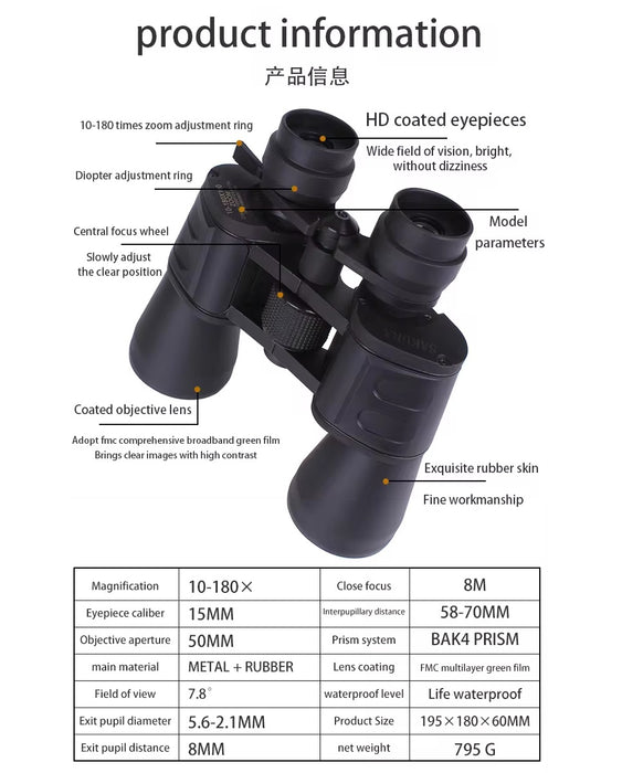 Μεγάλη γωνία στρατιωτική τσέπη Belocular, Zoom 20x50 Monocular-C, 50mm διάφραγμα, Focus 8, Bak4 Prism, Rubber Metal, Black