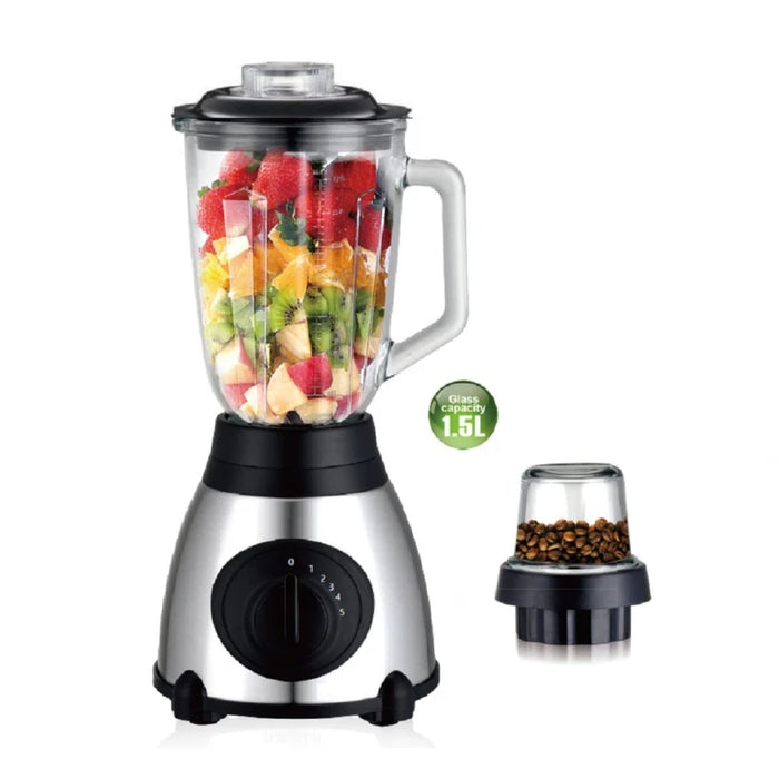 Blender 2 in 1 cu rasnita de cafea, 2200W, 5 viteze, 1.5L, carcasa din inox si ABS, bol din sticla, negru-argintiu