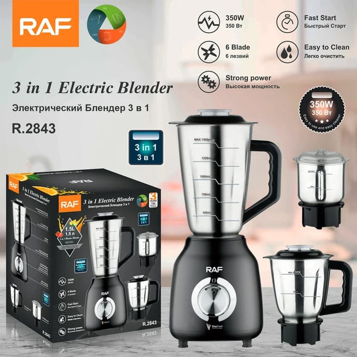 Blender electric 3 in 1, multifunctional, 350W, 3 accesorii de 1.5l, 1l, 0.8l, otel inoxidabil, negru-argintiu