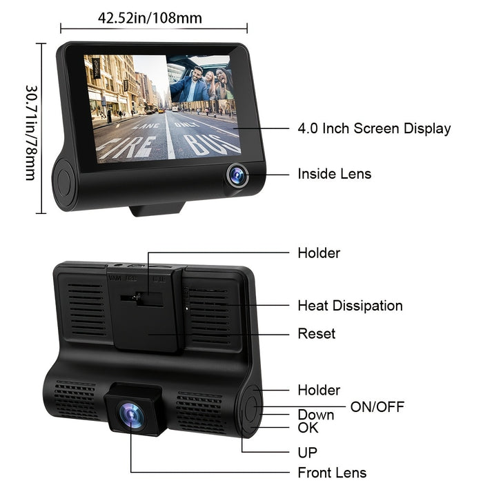 Екранният автомобил с 4 -инчови, HD 1080px, с 2 предни стаи и 1 Marsarier камера, сензор за движение и удар, USB порт, микофон, черен