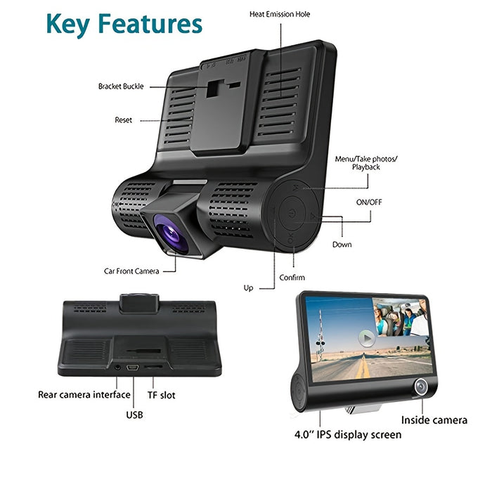 Екранният автомобил с 4 -инчови, HD 1080px, с 2 предни стаи и 1 Marsarier камера, сензор за движение и удар, USB порт, микофон, черен