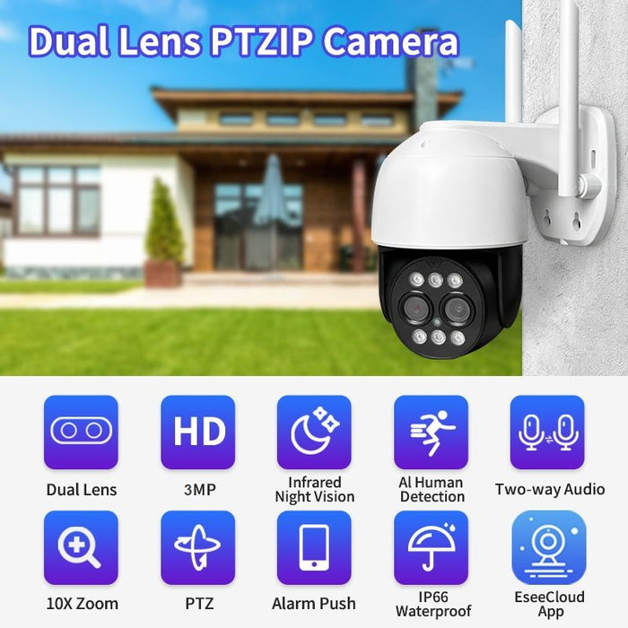 Camera de supraveghere CCTV PTZ IP WiFi de 3MP, Full HD, senzor uman, alarma, alba cu negru