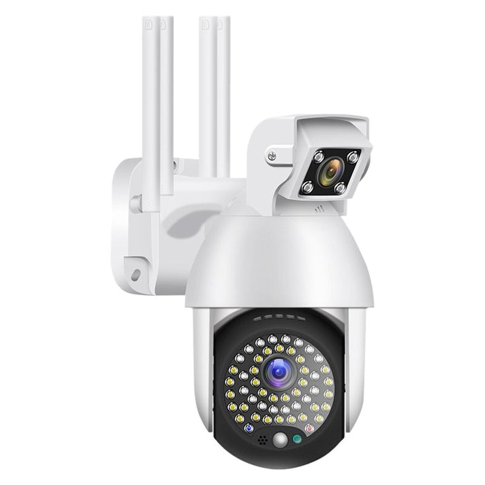 Camera de supraveghere IP PTZ duala, wireless, 320°, 1080P, IR+LED, pentru exterior, senzor miscare, alarma, alb