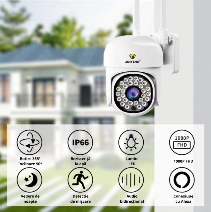 Camera de supraveghere WiFi, 2MP, Full HD, de exterior sau interior, cu alarma, senzor de miscare, IR, microfon, difuzor, alb