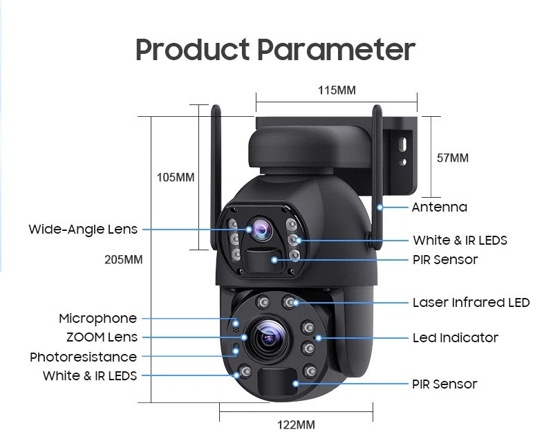 A kettős, külső megfigyelő kamera, Bluetooth, 10x optikai zoom, Nocturnal Vision, IP66