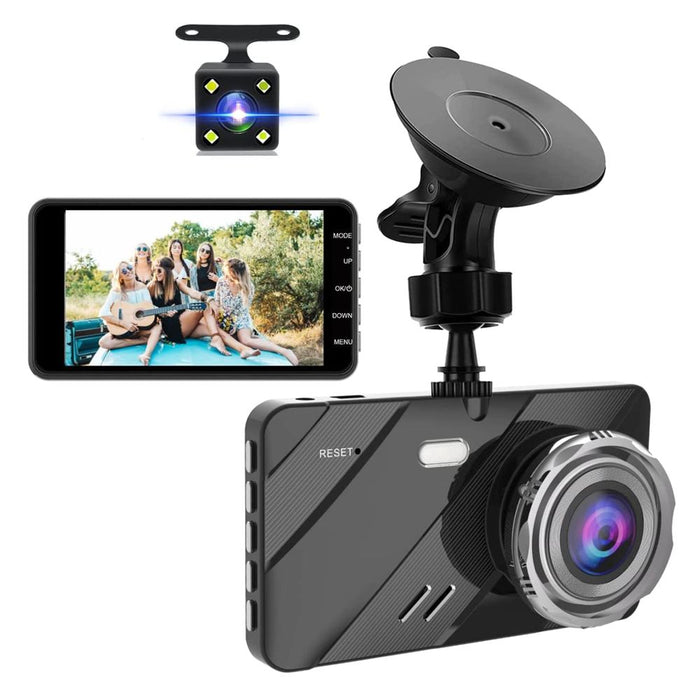 Camera duala auto DVR, ecran IPS 4", cu camera fata-spate, Full-HD, noapte-zi, senzor G, unghi de 170°, Negru