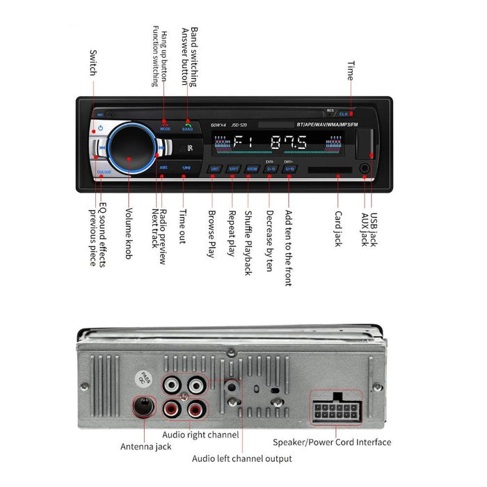 Auto Cassette, 4x60w με Bluetooth, τηλέφωνο, ραδιόφωνο, MP3, AUX, υποδοχή κάρτας microSD, Remote, Black