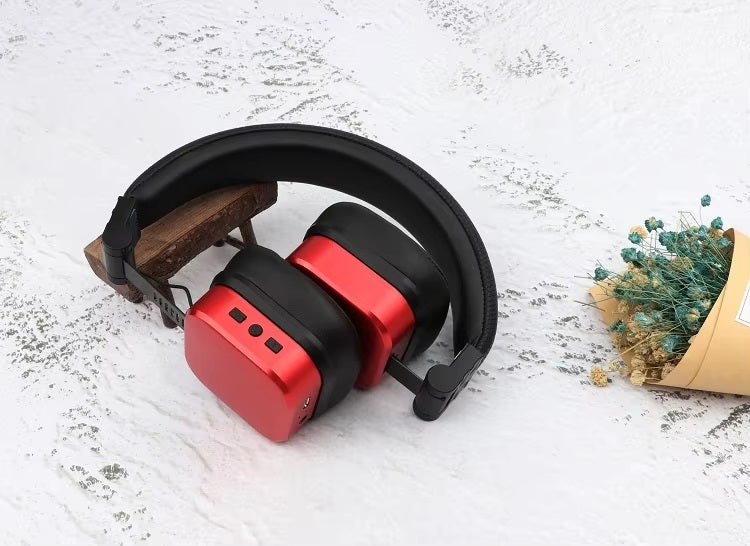 Casti wireless over the ear, HiFi Stereo, efect metalic, pliabile, rosu-negru