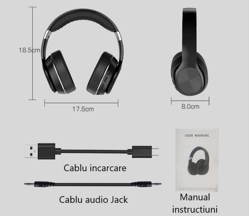 Casti wireless over the ear, pliabile, bluetooth, microfon, autonomie 11h, radio, HiFi, noise canceling, negru