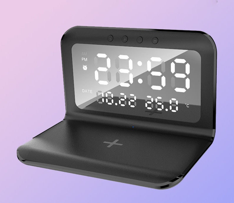 Бързо безжично зареждане на станция 2 в 1, LCD дисплей, часовник, аларма и USB захранване