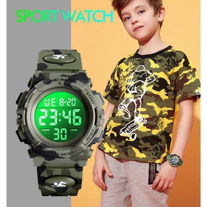 Ceas digital pentru copii, Sport, Rezistent la Apa 5atm, Iluminare Cadran, Verde Camuflaj