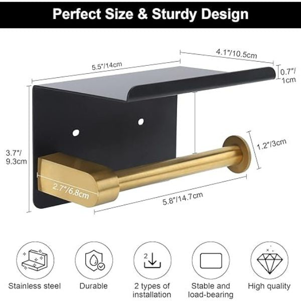 Елегантна подкрепа за тоалетна хартия, неръждаема стомана, черна със злато