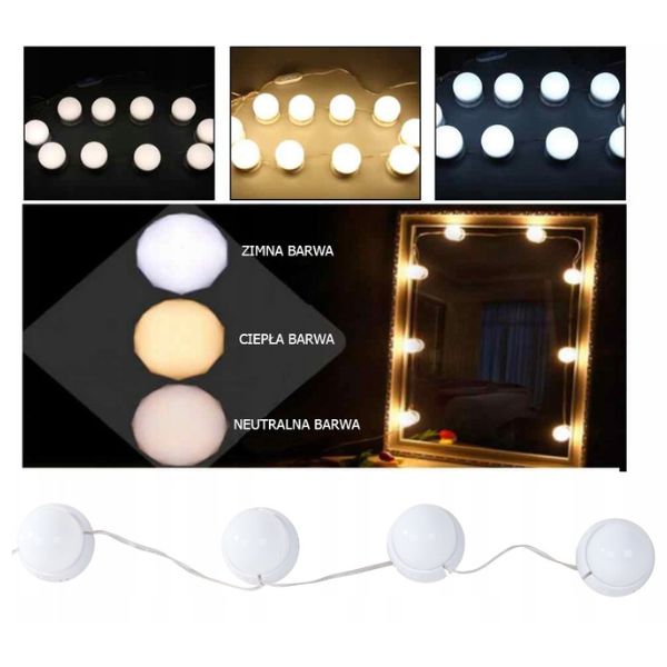 10 LED izzó készlet tükörhez tompító, 3 színes árnyalat, szívó vagy ragasztó szorítás