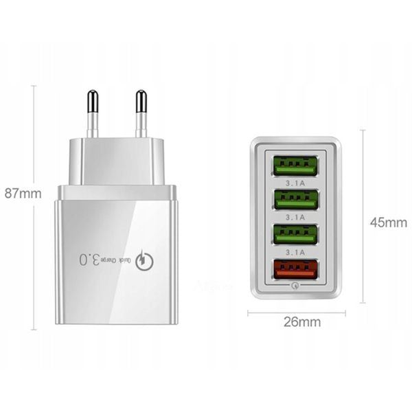 Φορτώστε με 4 θύρες USB 3.0, εξαιρετικά γρήγορη φόρτιση 3A, 12V, WHITE