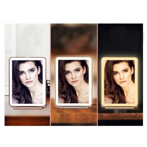 Преносимо козметично огледало с LED осветление, USB, 3 вида светлина, розово