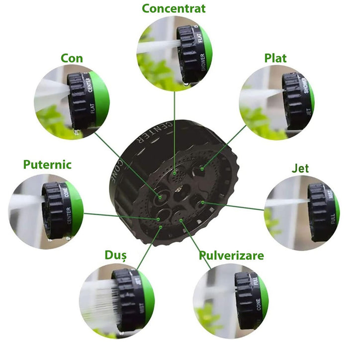 Разширяващ се градински маркуч, дълъг до 45 м, с пистолет със 7 вида струя, с конектори, зелено