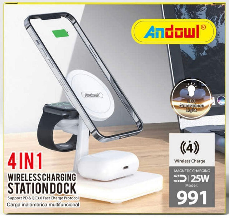 Incarcator wireless 4 in 1 Andowl 991, 25W, compatibil cu iPhone, iWatch, Airpod Pro 2 3, cu mufa USB Type-C, lumina LED, alb