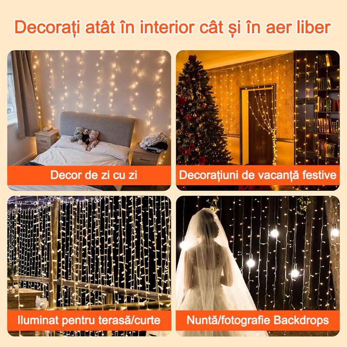 Instalatie Tip Perdea, Cablu Negru, 480 LED-uri, IP65, 6*3m, Lumina Alba Calda/Rece, Albastra, Multicolora