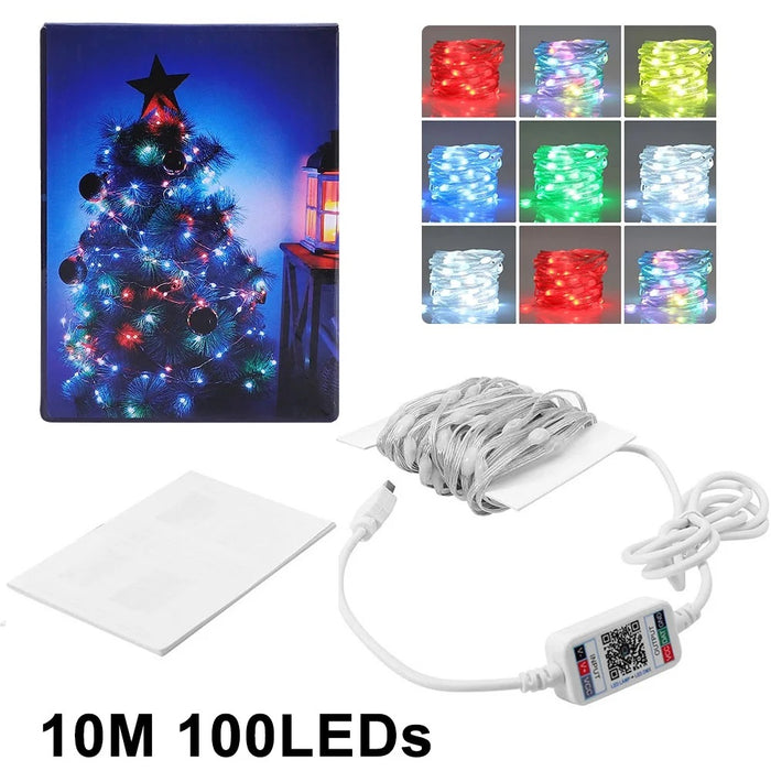 LED RGB LED инсталация с дистанционно управление, Bluetooth, App Tuya, музика, USB, IP65, 100 светодиода, 10M, многоцветни