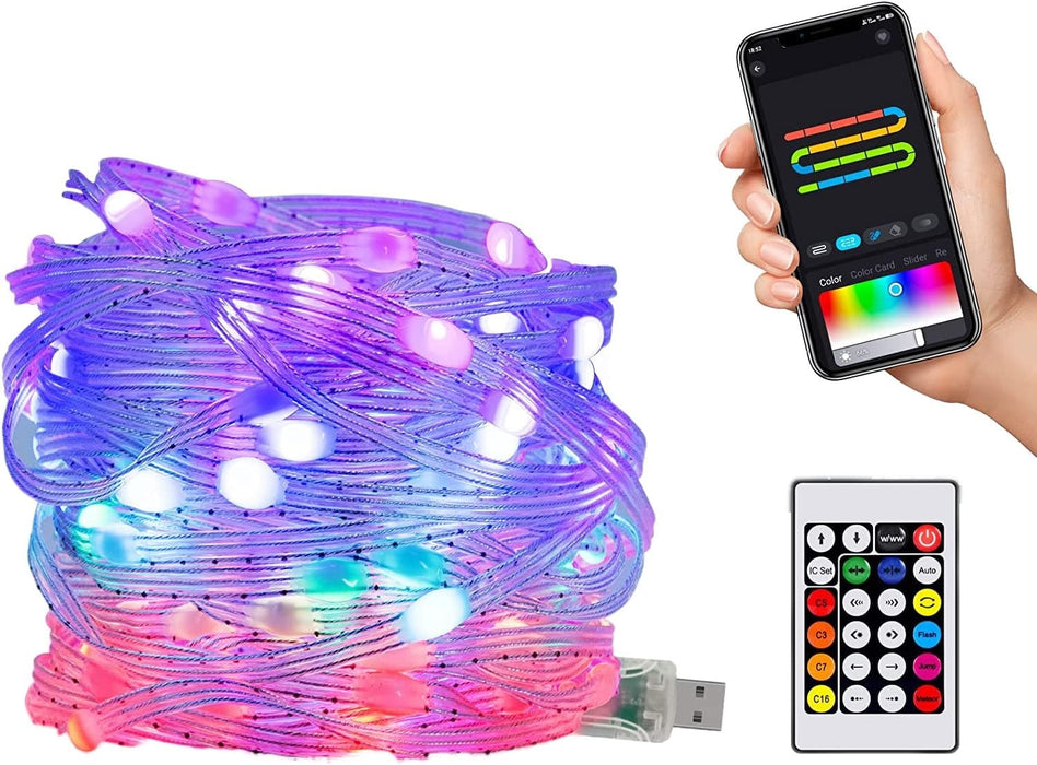 LED RGB LED инсталация с дистанционно управление, Bluetooth, App Tuya, музика, USB, IP65, 100 светодиода, 10M, многоцветни