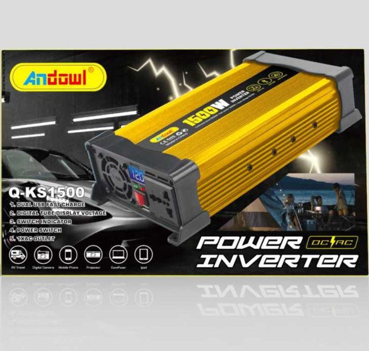 Andowl KS1500 инвертор на напрежението на автомобила, 1500W, 12V, 220V, 26 x 11 x 6,5см, злато