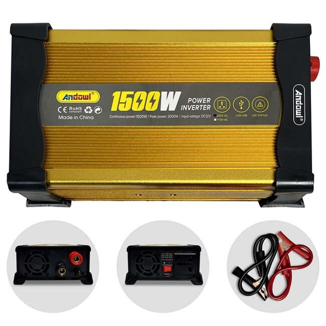 Andowl KS1500 инвертор на напрежението на автомобила, 1500W, 12V, 220V, 26 x 11 x 6,5см, злато