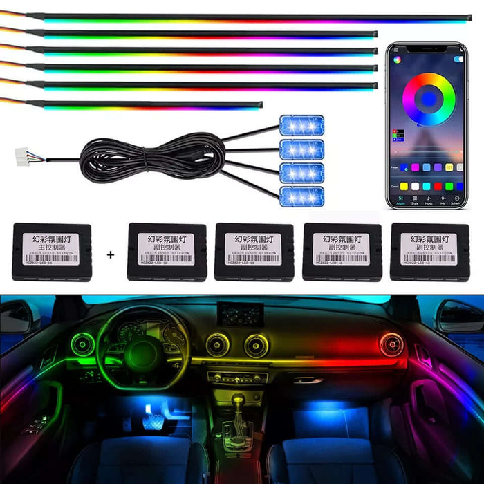 Kit Ambient Lights Auto, RGB, 18 в 1, гъвкава нишка, приложение, Bluetooth и дистанционно
