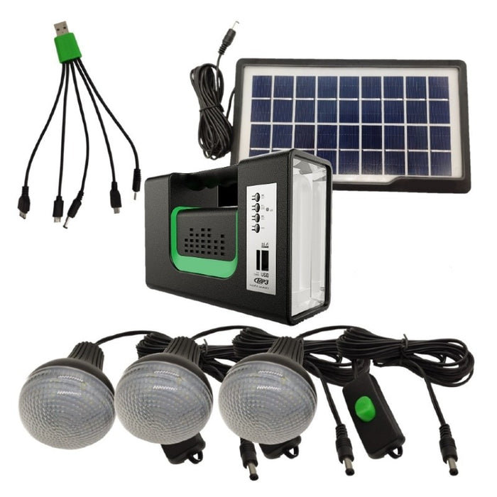Kit solar GD-Lite 10 dotat cu 3 becuri LED, Portabil, Lanterna, USB, Radio FM, Mp3
