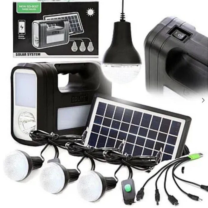 Kit solar GD-Lite 8017 dotat cu dispozitive USB cu 3 becuri LED + acumulator de mare capacitate XL