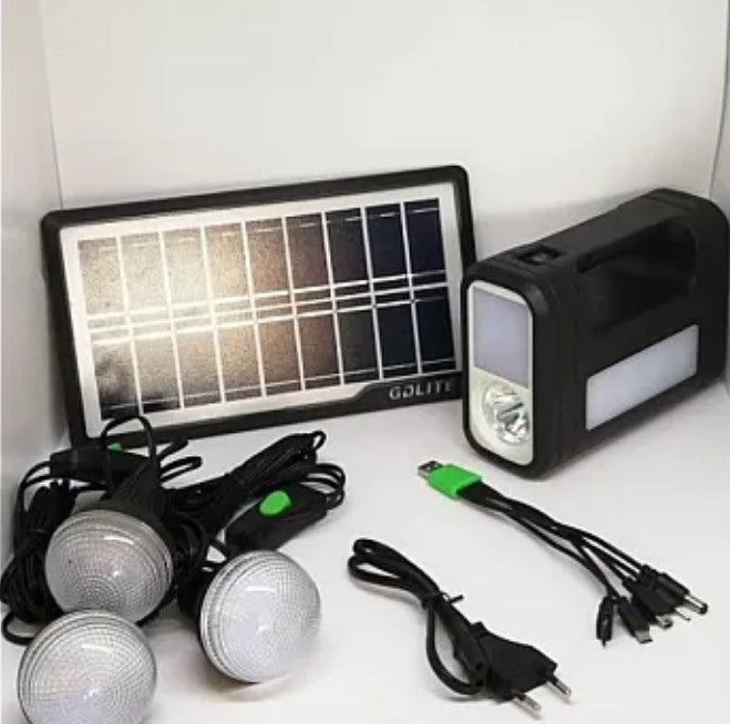 Kit solar GD-Lite 8017 dotat cu dispozitive USB cu 3 becuri LED + acumulator de mare capacitate HA