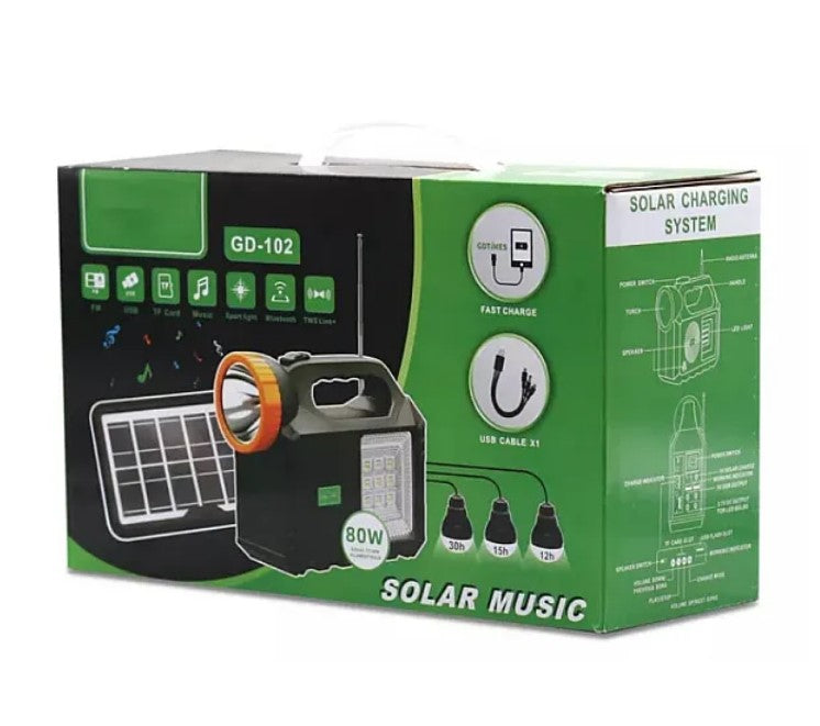 Kit solar de iluminare GD Times GD-102, 3 becuri, boxa BT, radio, 80W