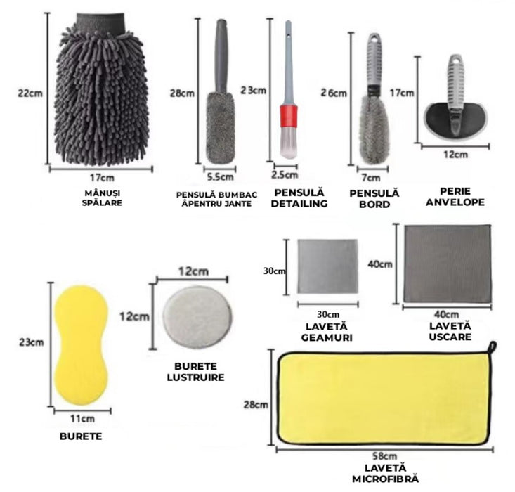 Auto-moto kit πλύσιμο με 12 κομμάτια, βούρτσες, γάντι, σφουγγάρια και υφάσματα, κίτρινο-γκρι