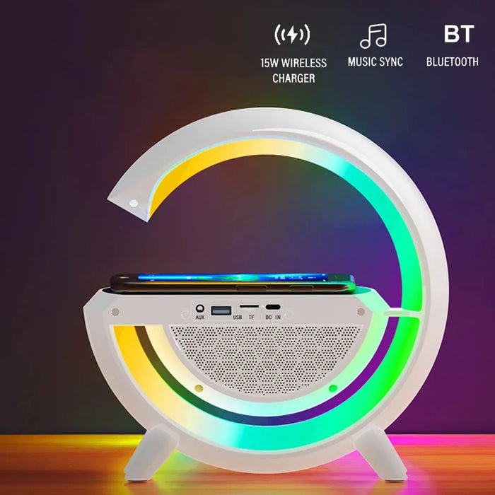Многофункционална безжична зареждаща станция с RGB LED лампа, Bluetooth високоговорител, часовник