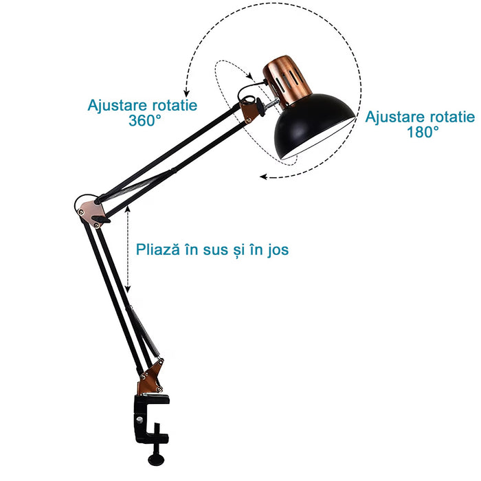 Office LED -es lámpa, bilincs/bázis, állítható, 74 cm magas, E27, 8 W -val, fekete izzóval