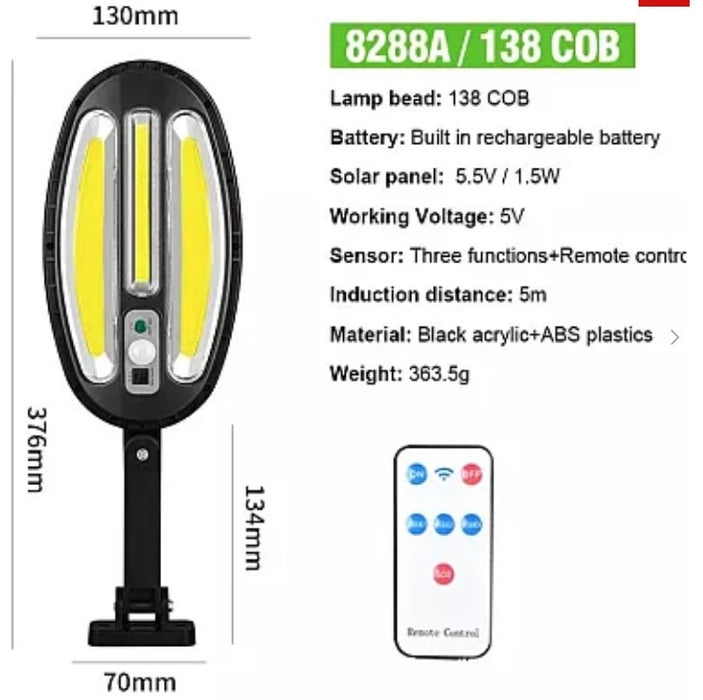 HB-8288A napenergia-lámpa ovális 138 LED COB távirányítóval, fal rögzítésével, külső