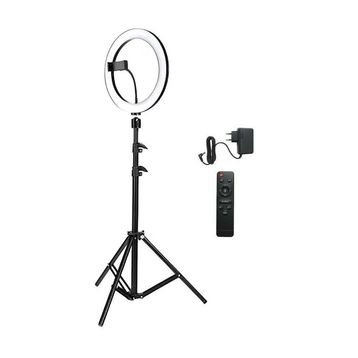 Lampa circulara LED, diametru 20cm, 13", cu telecomanda si trepied 150cm, negru