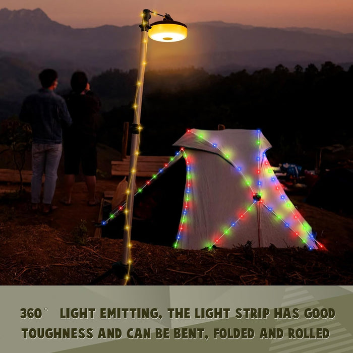 Lampa cu banda 200 LED RGB pentru camping, 20m, IP44, acumulator 2000mA, functie de power bank, lumina alba calda si colorata, alb